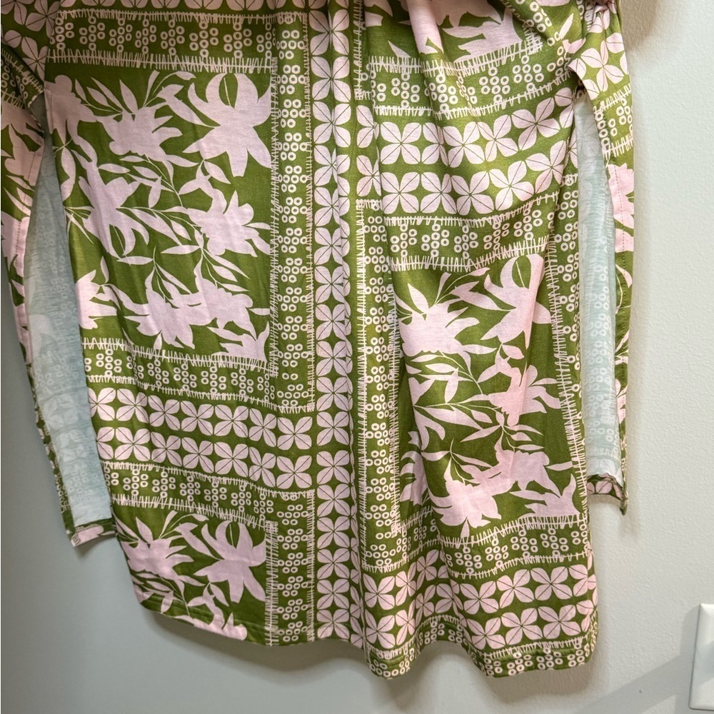 Green Pink Boho Maxi Dress V Neck Kimono Sleeve Smocked Waist Festival Vacation - Picture 2 of 5